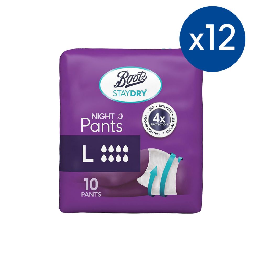 Boots Staydry Night Pants Large - 120 Pants (12 Pack Bundle)