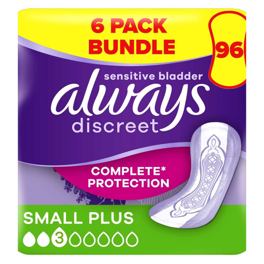 Always Discreet Incontinence Pads Small Plus - 96 pads (6 pack bundle)