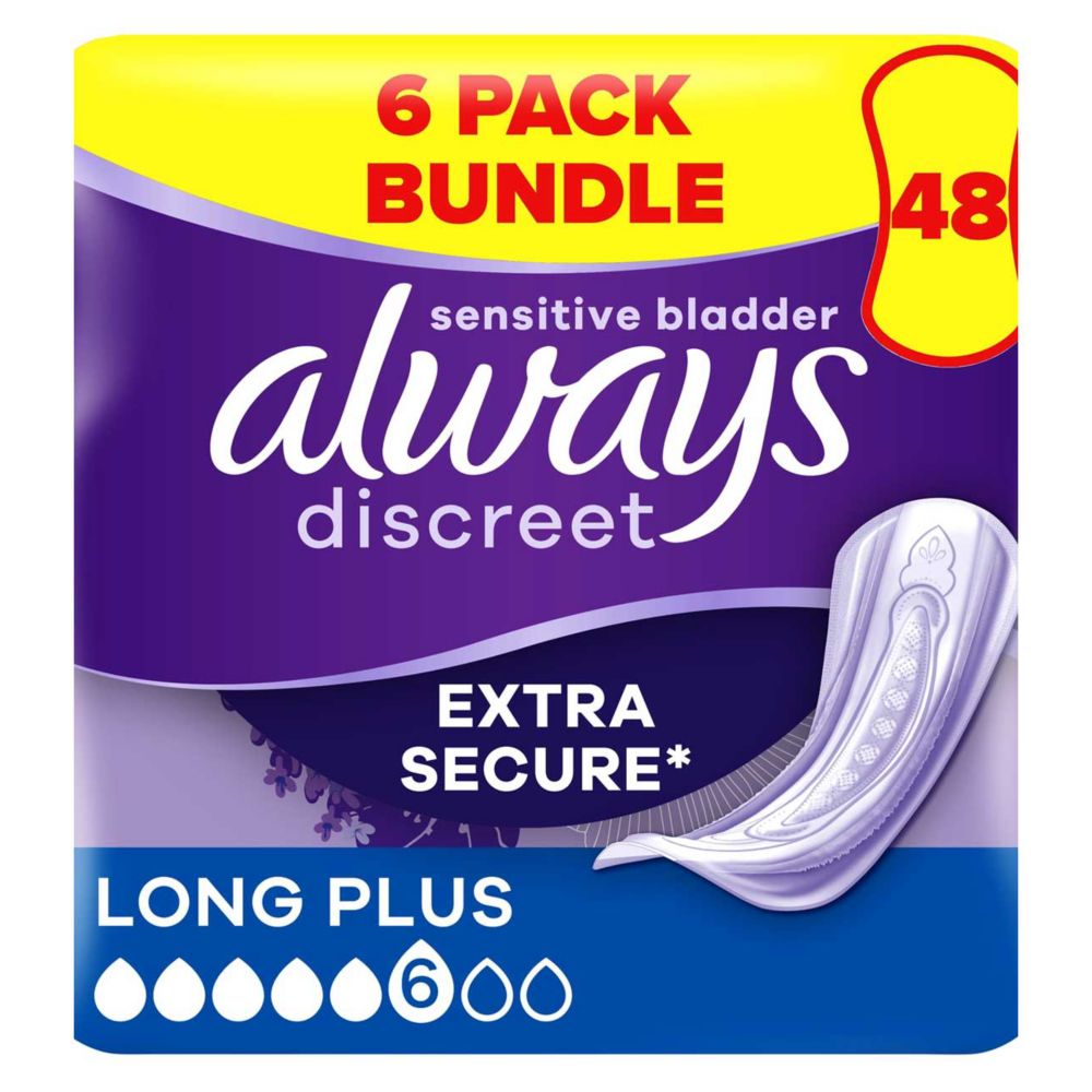 Always Discreet Incontinence Pads Plus Long Plus - 48 pads (6 pack bundle)