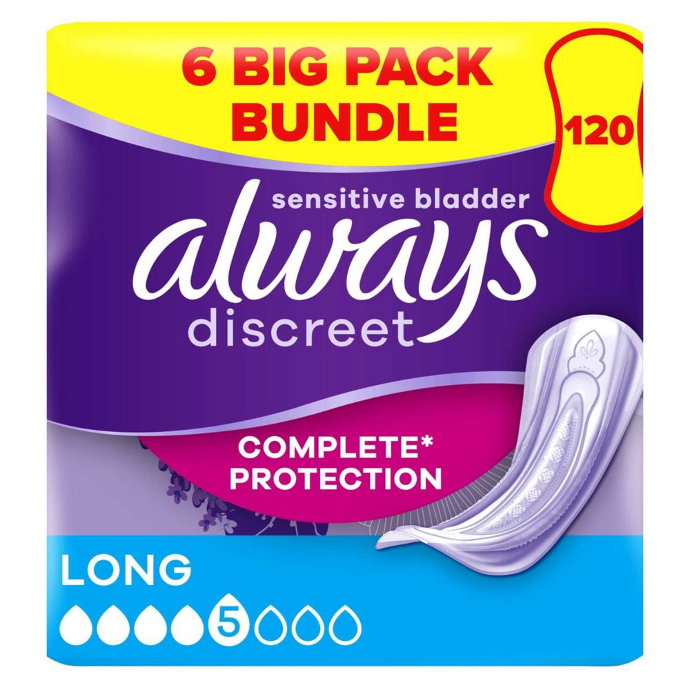 Always Discreet Incontinence Pads Plus Long - 120 pads (6 pack bundle)