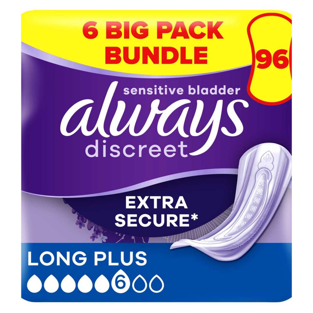 Always Discreet Incontinence Pads Plus Long Plus - 96 pads (6 pack bundle)