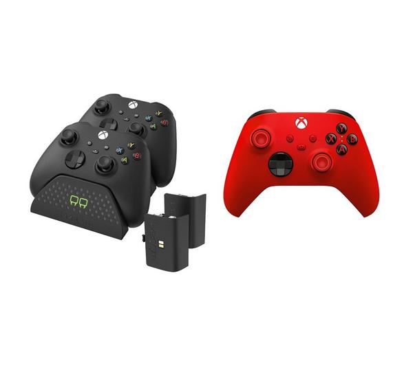 XBOX Wireless Controller (Red) & VS2881 Xbox Series X/S & Xbox One Twin Docking Station (Black) Bundle