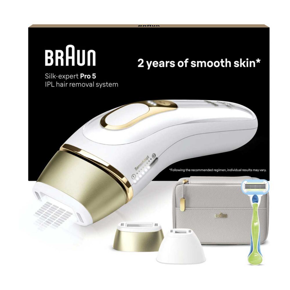 Braun IPL Silk-Expert Pro 5, At Home Hair Removal Device with Pouch, White/Gold, PL5124