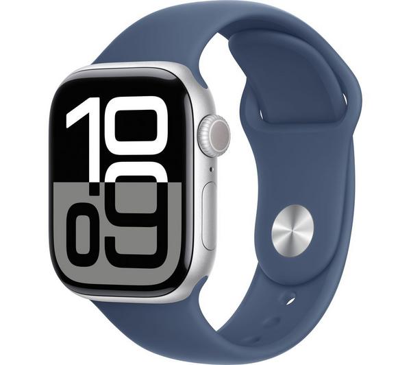 APPLE Watch Series 10 - 42 mm Jet Silver Aluminium Case with Denim Sport Band, M/L