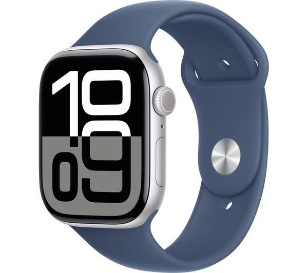 APPLE Watch Series 10 Cellular - 46 mm Silver Aluminium Case with Denim Sport Band, S/M
