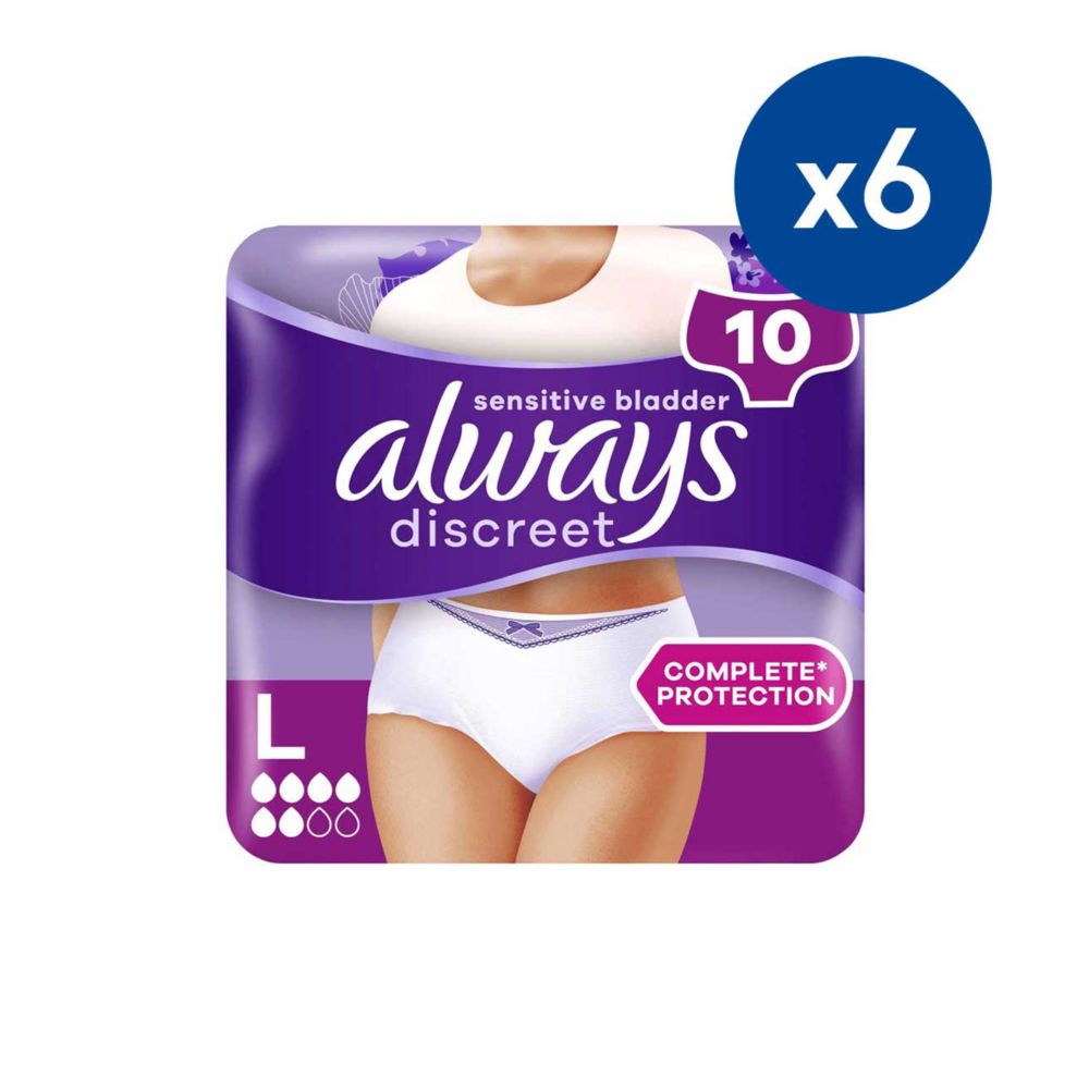 Always Discreet for Sensitive Bladder Pants (5 Drop) Large - 60 Pants (6 pack bundle)