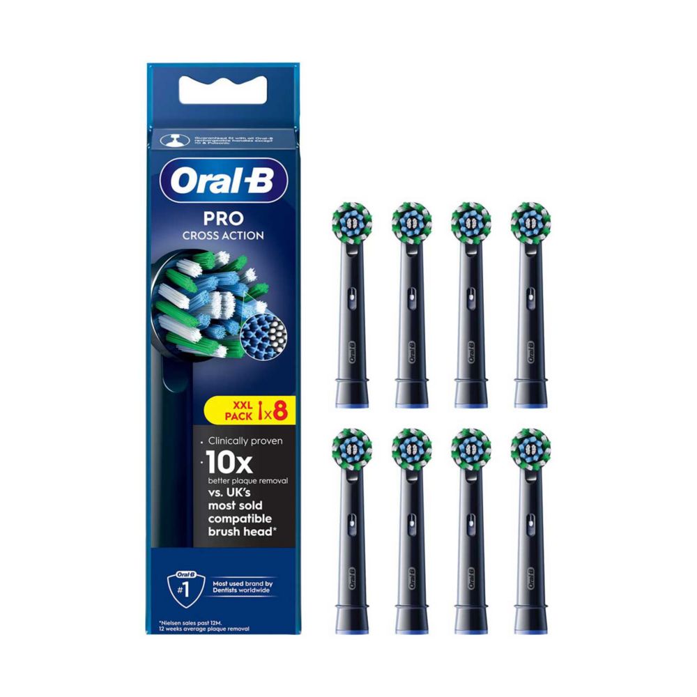 Oral-B CrossAction Toothbrush Head Black Edition with CleanMaximiser Technology, 8 Pack