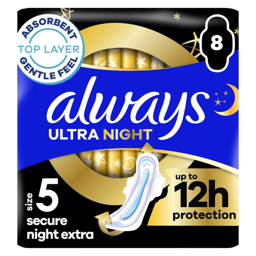 Always Ultra Sanitary Towels Secure Night Extra (Size 5) Wings 8 Pads Super Absorbent, Ultra Thin, Neutralises Odours