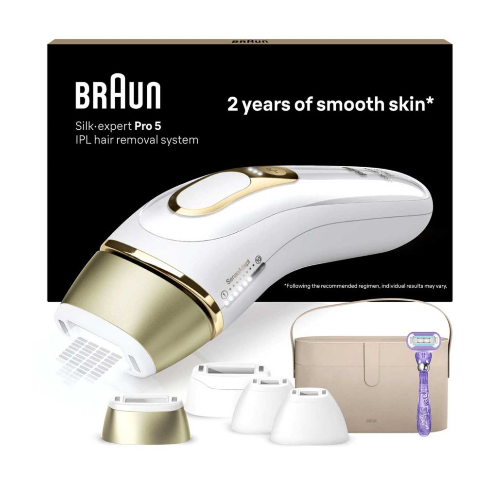 Braun IPL Silk-Expert Pro 5, At Home Hair Removal Device with Vanity Case, White/Gold, PL5347