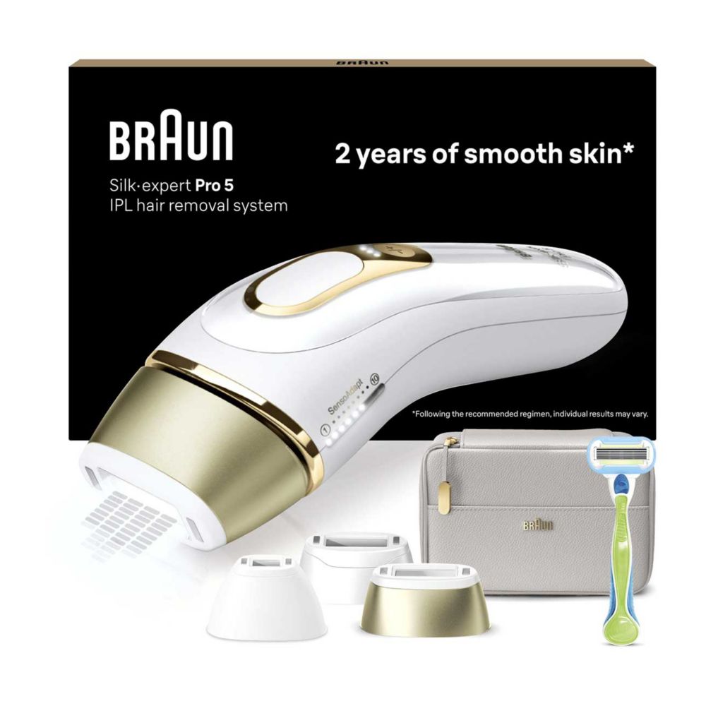 Braun IPL Silk-Expert Pro 5, At Home Hair Removal Device with Pouch, White/Gold, PL5257