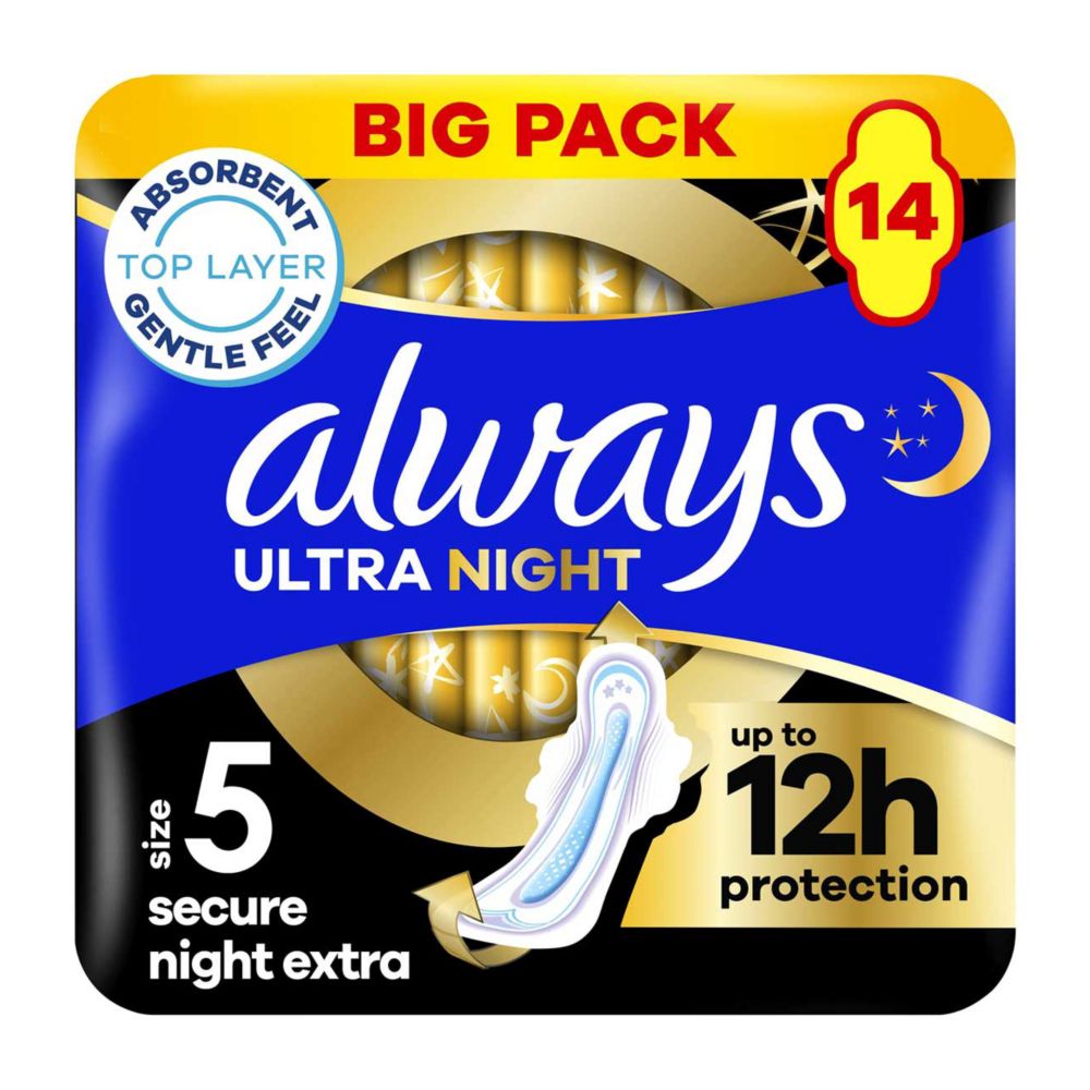 Always Ultra Sanitary Towels Secure Night Extra (Size 5) With Wings 14 Pads, Super Absorbent And Ultra Thin
