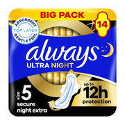 Always Ultra Sanitary Towels Secure Night Extra (Size 5) With Wings 14 Pads, Super Absorbent And Ultra Thin
