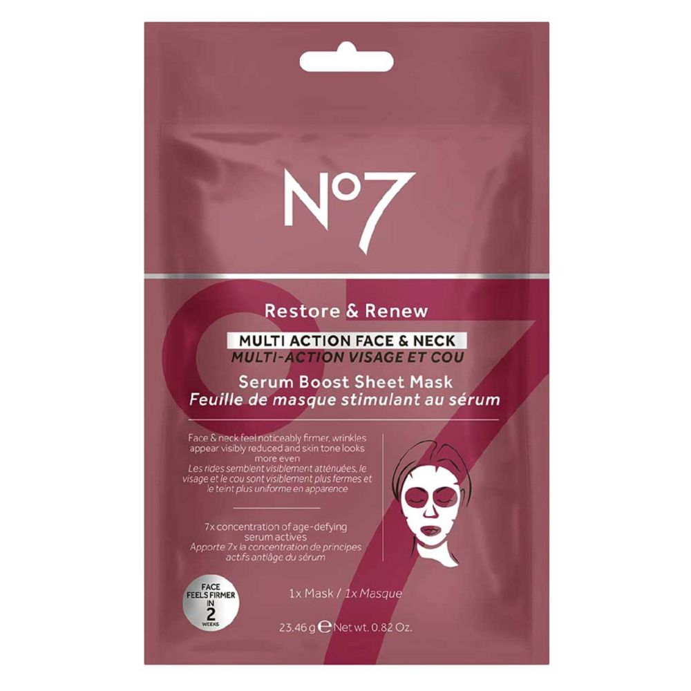 No 7 Restore & Renew FACE & NECK MULTI ACTION Serum Boost Sheet Mask