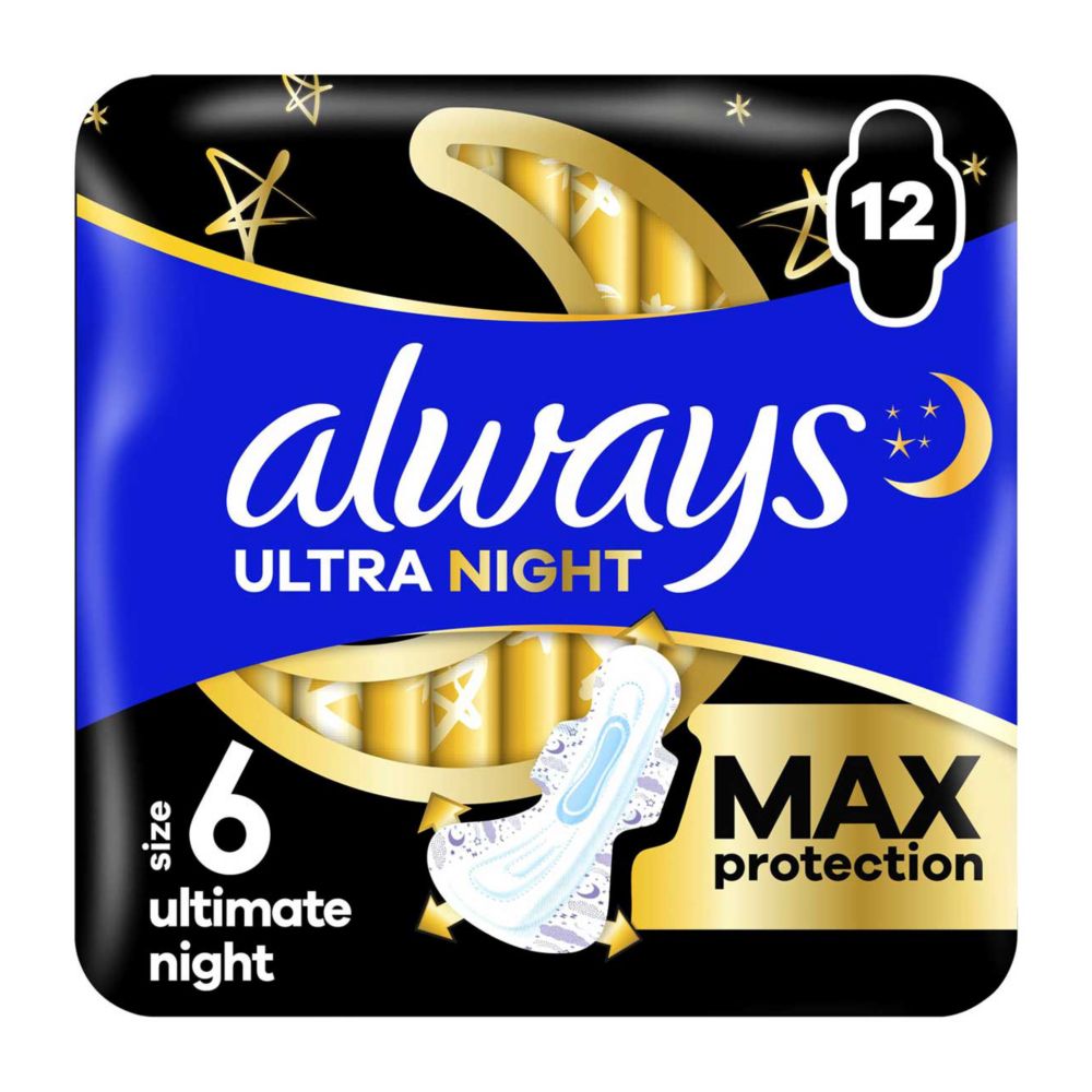 Always Ultra Sanitary Towels Secure Ultimate Night (Size 6) With Wings 12 Pads, Super Absorbent And Ultra Thin
