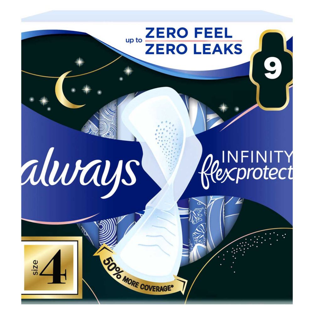 Always Infinity FlexProtect Sanitary Towels Night Extra (Size 4) with Wings 9 Pads