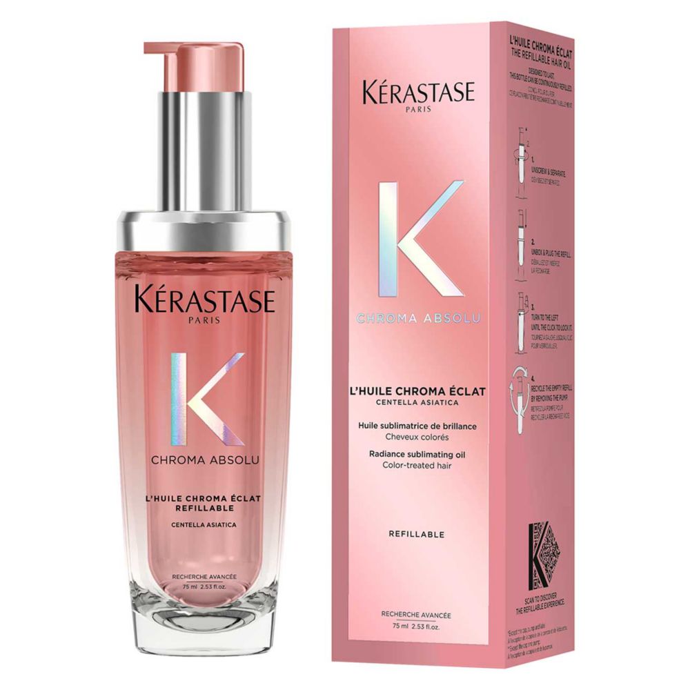 Kérastase Chroma Absolu Hair Oil Huile Chroma Éclat Refillable Bottle, for Fine-Medium Hair with Amino Acid & Lactic Acid 75ml