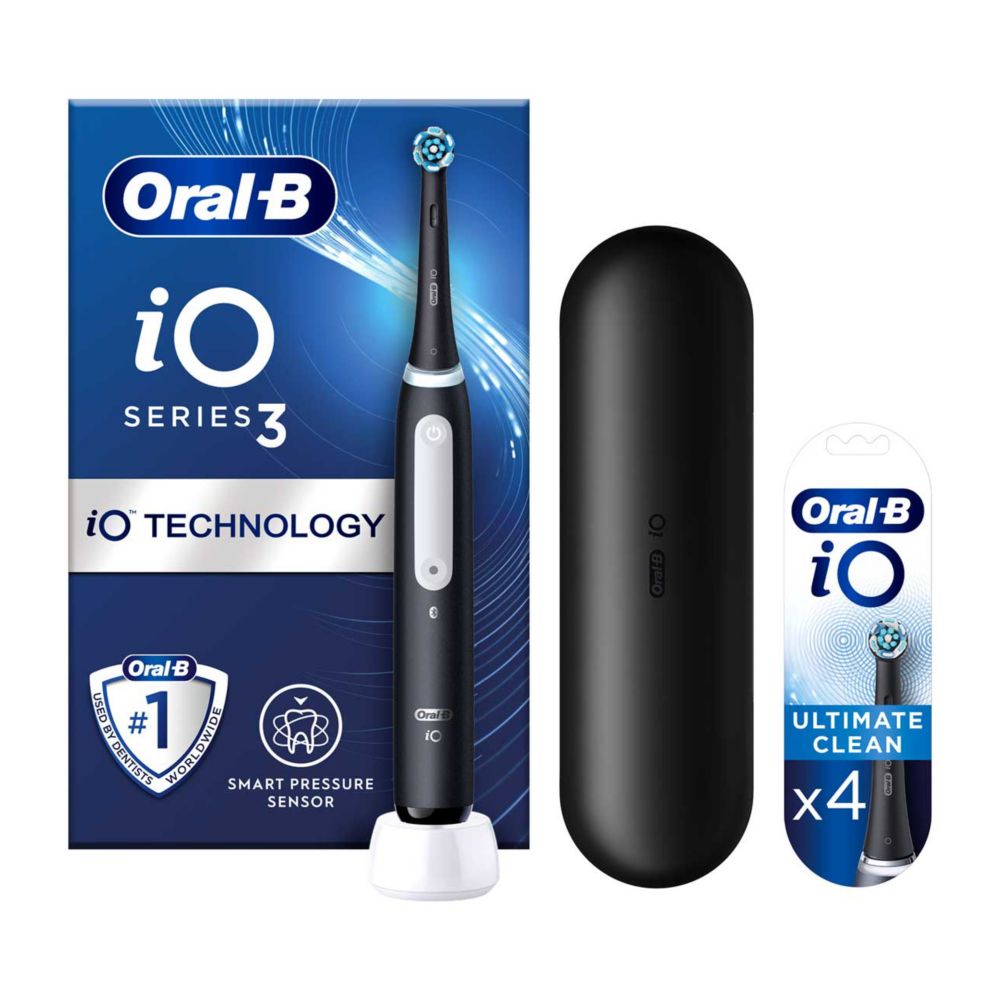 Oral-B iO3 Electric Toothbrush - Black + iO™ Ultimate Clean Black Replacement Electric Toothbrush Heads 4 Pack Bundle