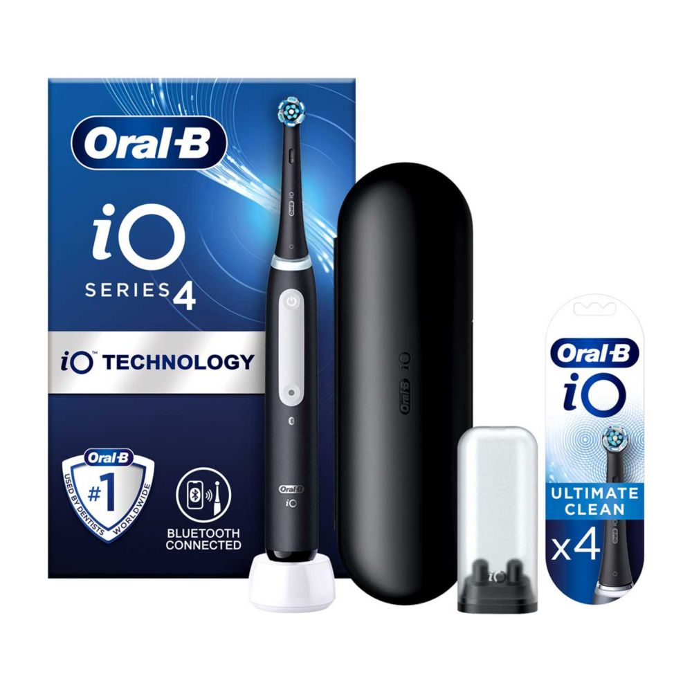 Oral-B iO4 Electric Toothbrush - Black + iO™ Ultimate Clean Black Replacement Electric Toothbrush Heads 4 Pack Bundle