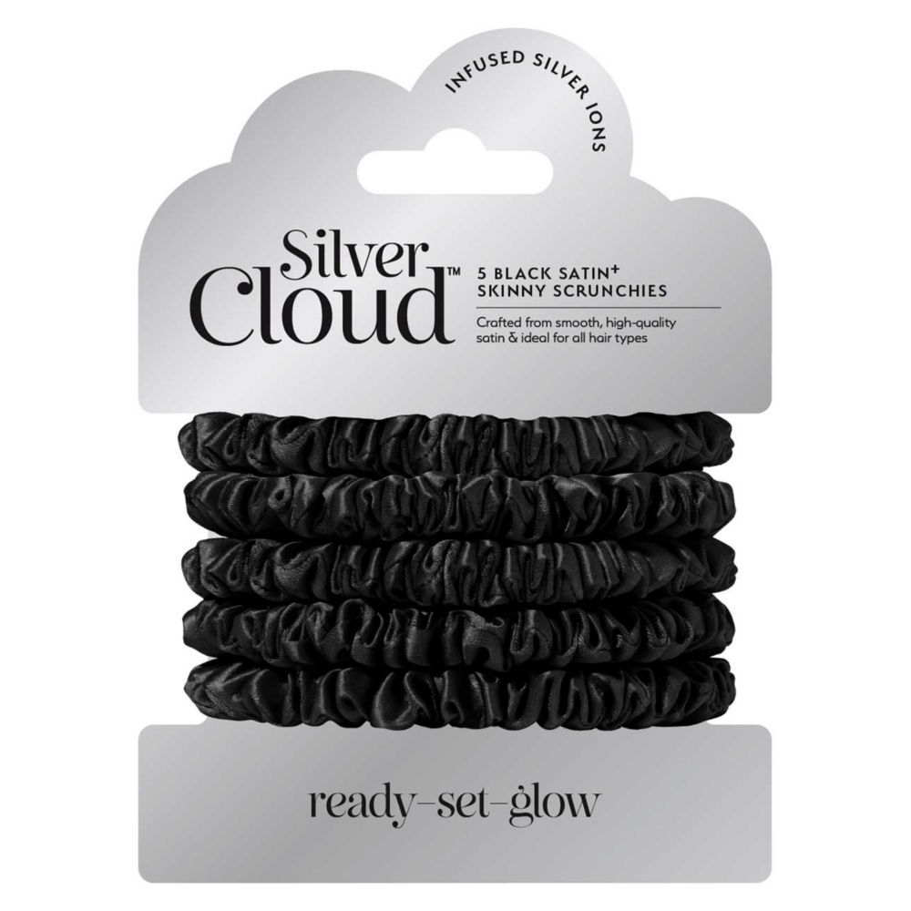 Silver Cloud Black Skinny Satin Scrunchies 5 Pack