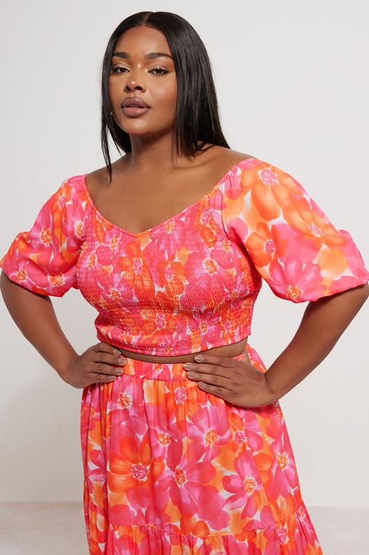 YOURS Curve Pink Floral Shirred Puff Sleeve Crop Top
