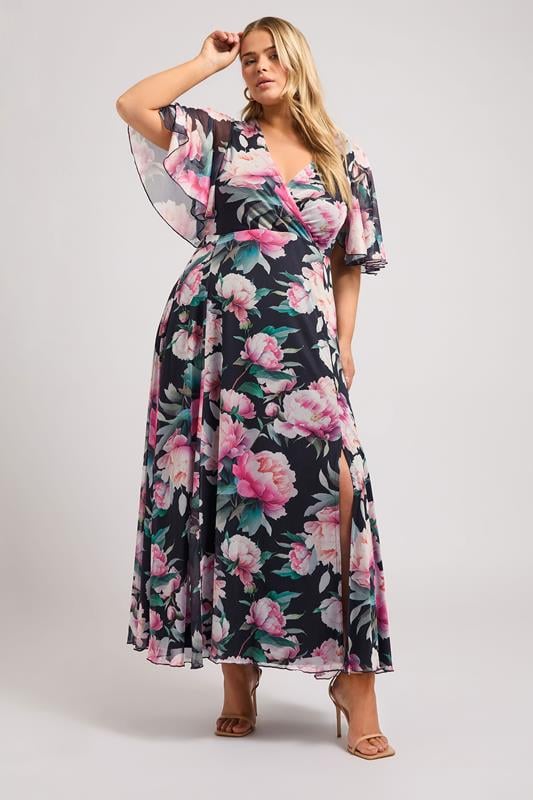 YOURS LONDON Curve Navy Blue Floral Print Wrap Maxi Dress