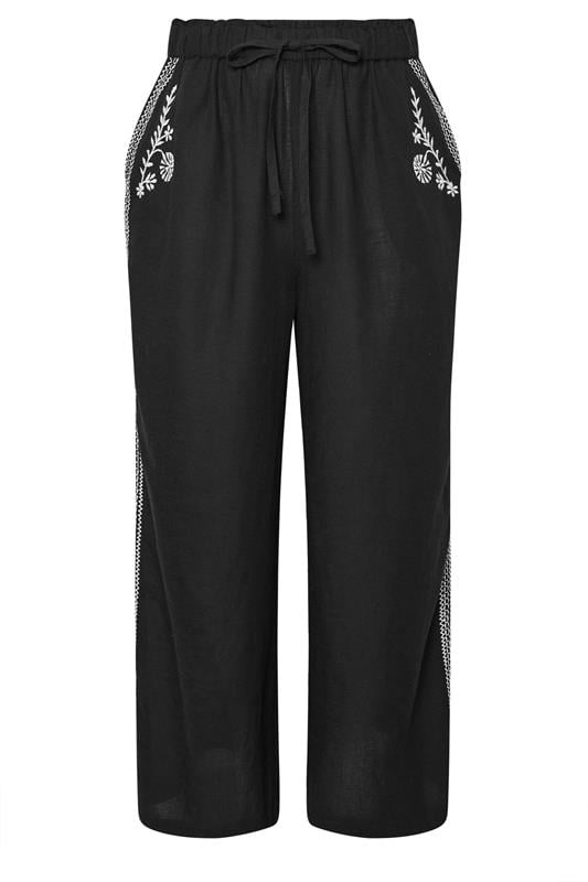 YOURS Curve Black Embroidery Wide Leg Linen Trousers