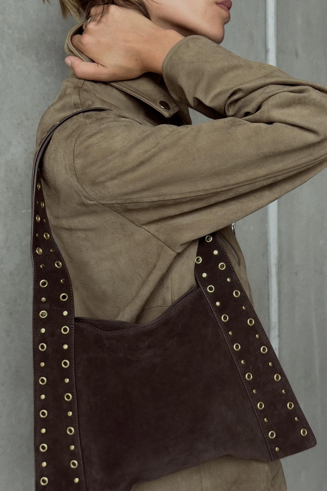 SPLIT SUEDE STUDDED SHOULDER BAG
