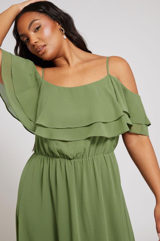 YOURS LONDON Curve Olive Green Frill Cold Shoulder Maxi Dress
