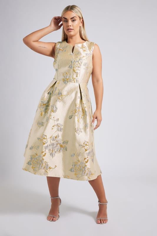 YOURS LONDON Curve Gold Floral Premium Satin Metallic Jacquard Midaxi Dress