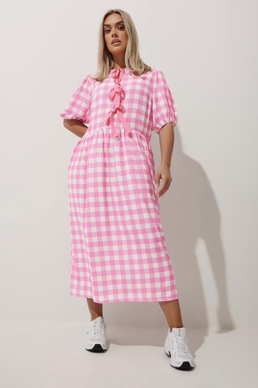 LIMITED COLLECTION Curve Pink Gingham Bow Tie Front Dress