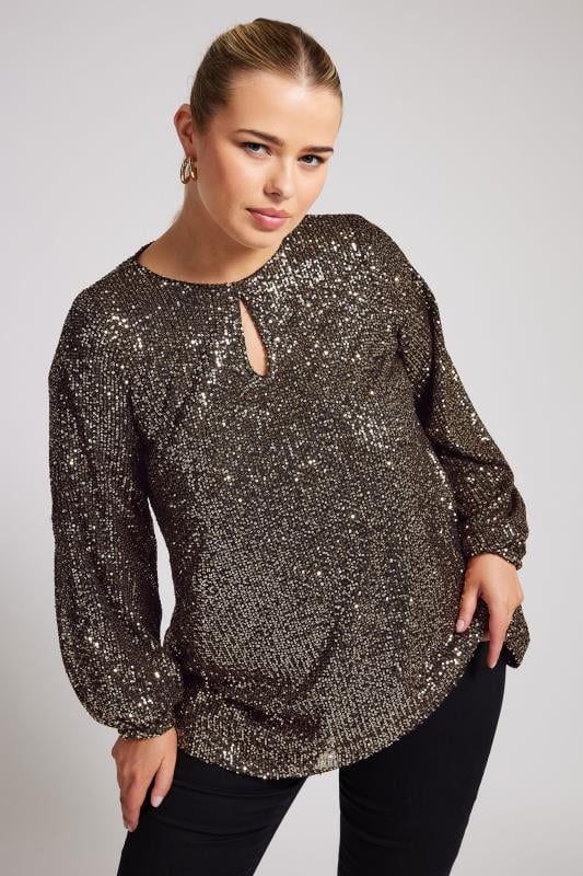 YOURS LONDON Curve Gold Sequin Keyhole Top