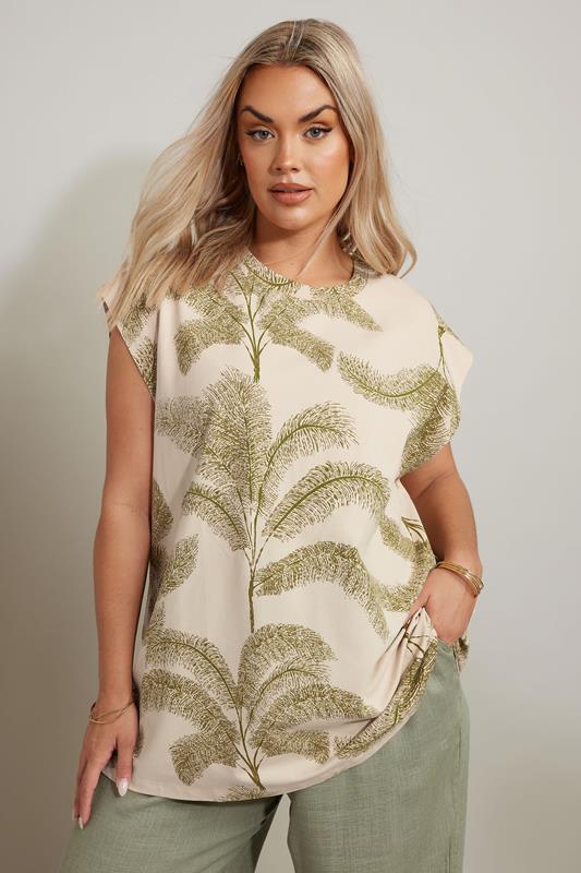 YOURS Curve Natural Brown Palm Print Boxy T-Shirt