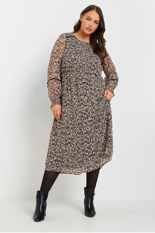 YOURS Curve Natural Brown Abstract Print Chiffon Midaxi Dress