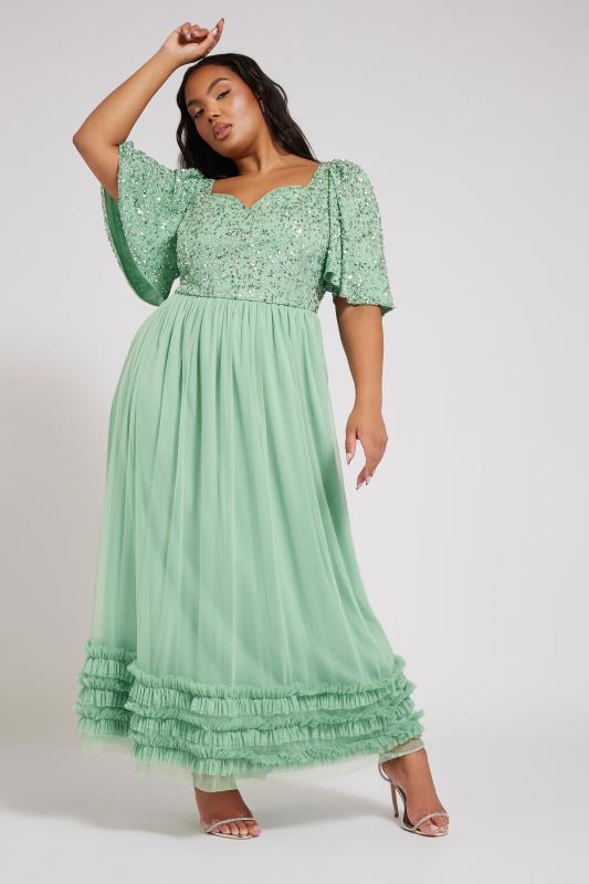 LUXE Curve Sage Green Embellished Ruffle Maxi Dress