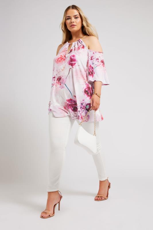 YOURS LONDON Curve Pink Floral Print Cold Shoulder Top