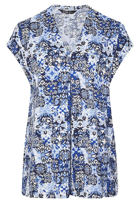 YOURS Curve Blue Tile Print Pleat Front Top