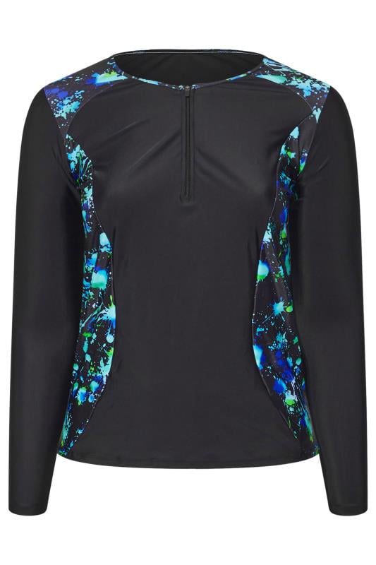 YOURS Curve Black & Green Splash Print Swim Top