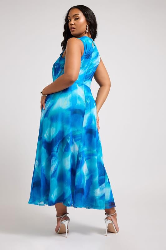 YOURS LONDON Curve Blue Floral Mesh Draped Maxi Dress