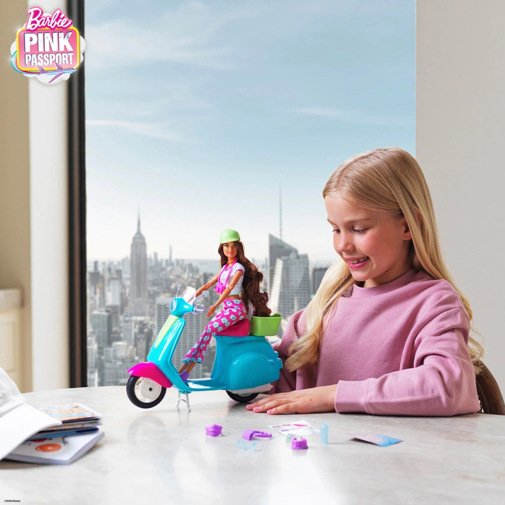 Barbie Pink Passport Barbie Doll with Blue Scooter