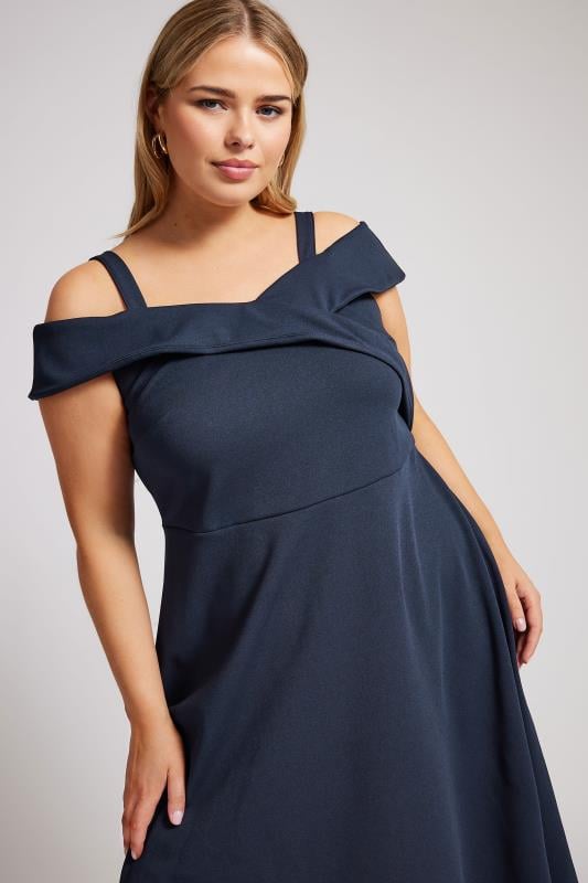 YOURS LONDON Curve Navy Blue Bardot Dipped Hem Dress