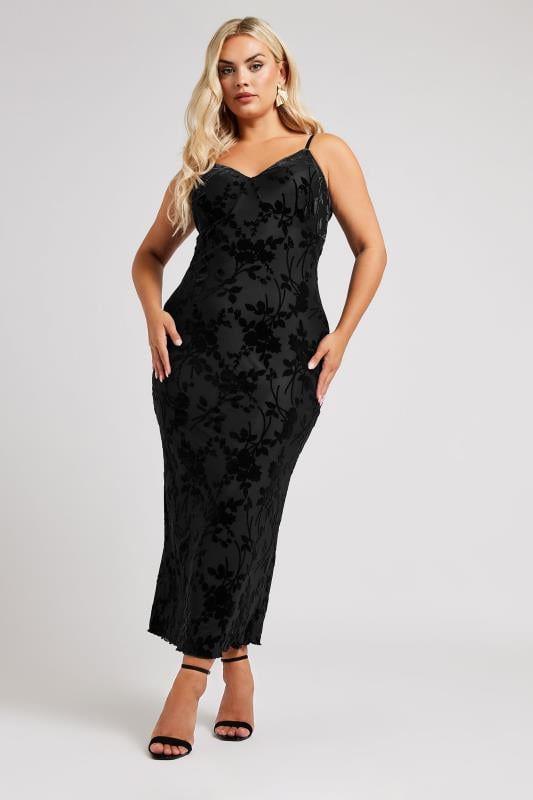 YOURS LONDON Curve Black Velour Floral Midaxi Slip Dress