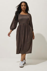 LIMITED COLLECTION Curve Brown Gingham Puff Sleeve Midi Dress