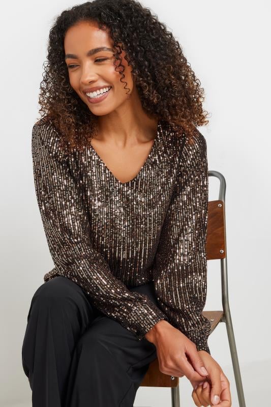 M&Co Gold Sequin V-Neck Long Sleeve Top