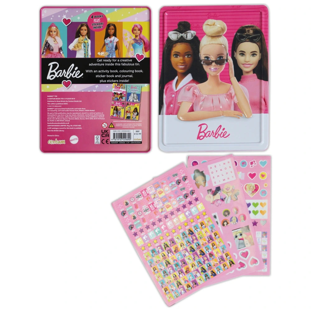 Barbie Colouring Pages Book and Stickers 4 Pack Activity Tin