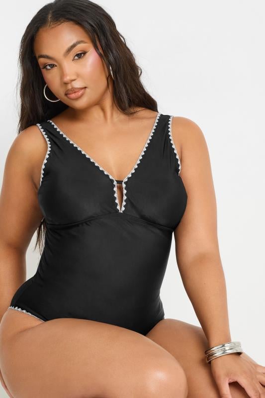 YOURS Curve Black Contrast Blanket Stitch Plunge Swimsuit