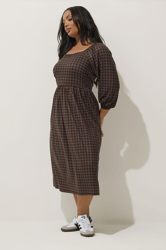 LIMITED COLLECTION Curve Brown Gingham Puff Sleeve Midi Dress