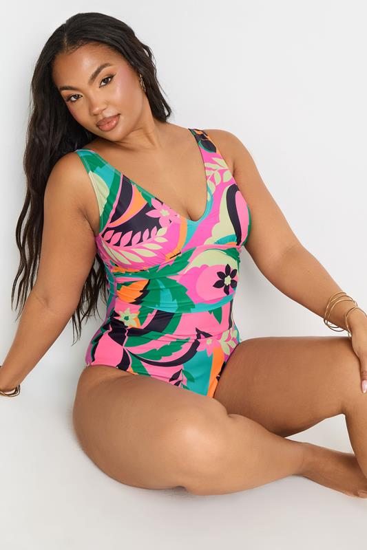 YOURS Curve Floral Abstract Print Plunge Swimsuit
