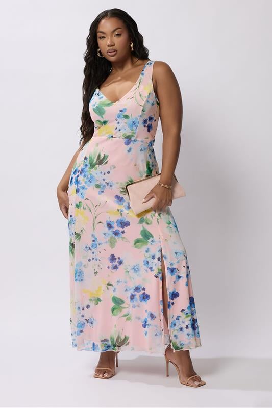 YOURS LONDON Curve Pink Mesh Floral Print Sleeveless Maxi Dress