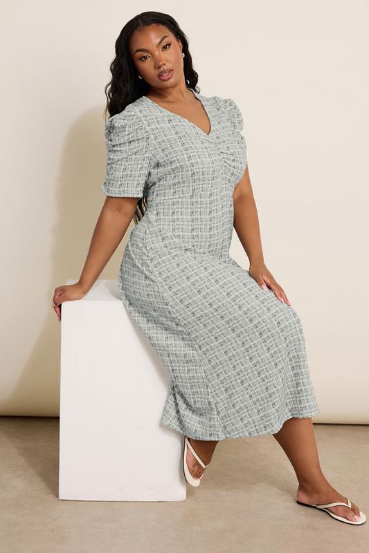 YOURS Curve Grey Check Textured Milkmaid Dress