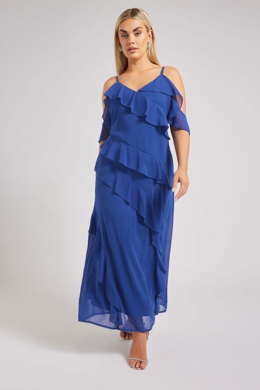 YOURS LONDON Curve Navy Blue Ruffle Cold Shoulder Dress